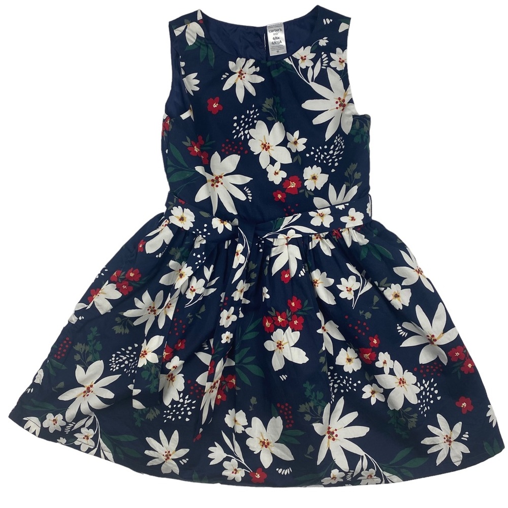 Carters Sleeveless Navy Floral Cotton Sateen Dress - Size 6/6X